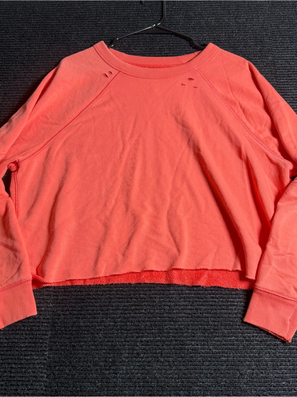 Aerie Crop Med Long Sleeve Pullover Sweatshirt oversized distress Coral/Orange